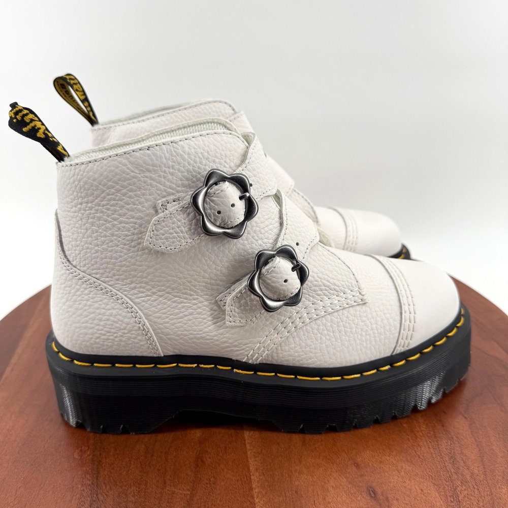 Dr. Martens Devon Flower Quad Retro Platform Boots White Nappa Leather Women 9
